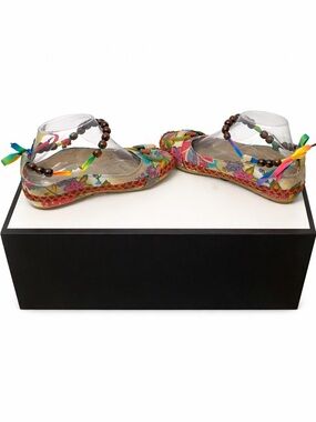 Colorful Floral Espadrille Sandals with Beaded Ankle Tie